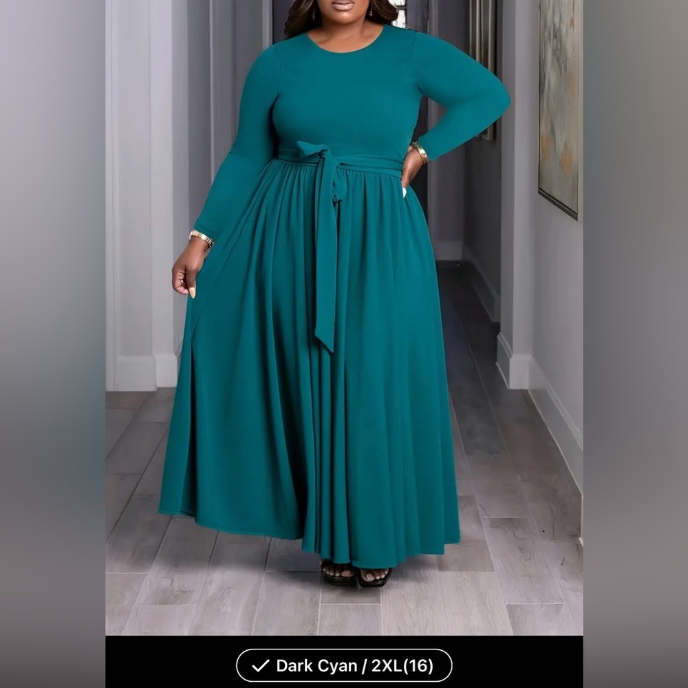 Plus Size Elegant Solid Longline Belted Crew Neck Dress - Flattering